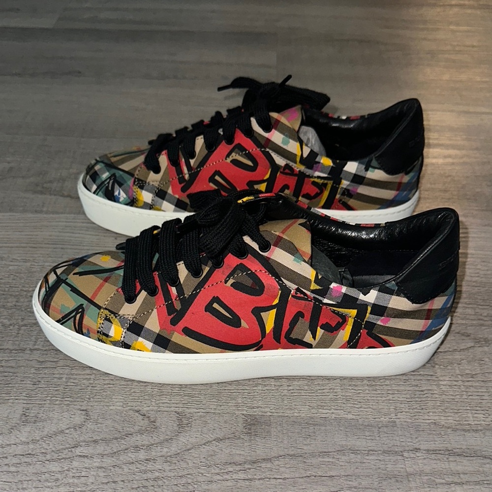 Burberry Women’s Westford Graffiti Logo Print Vintage Check Lace Up Sneakers